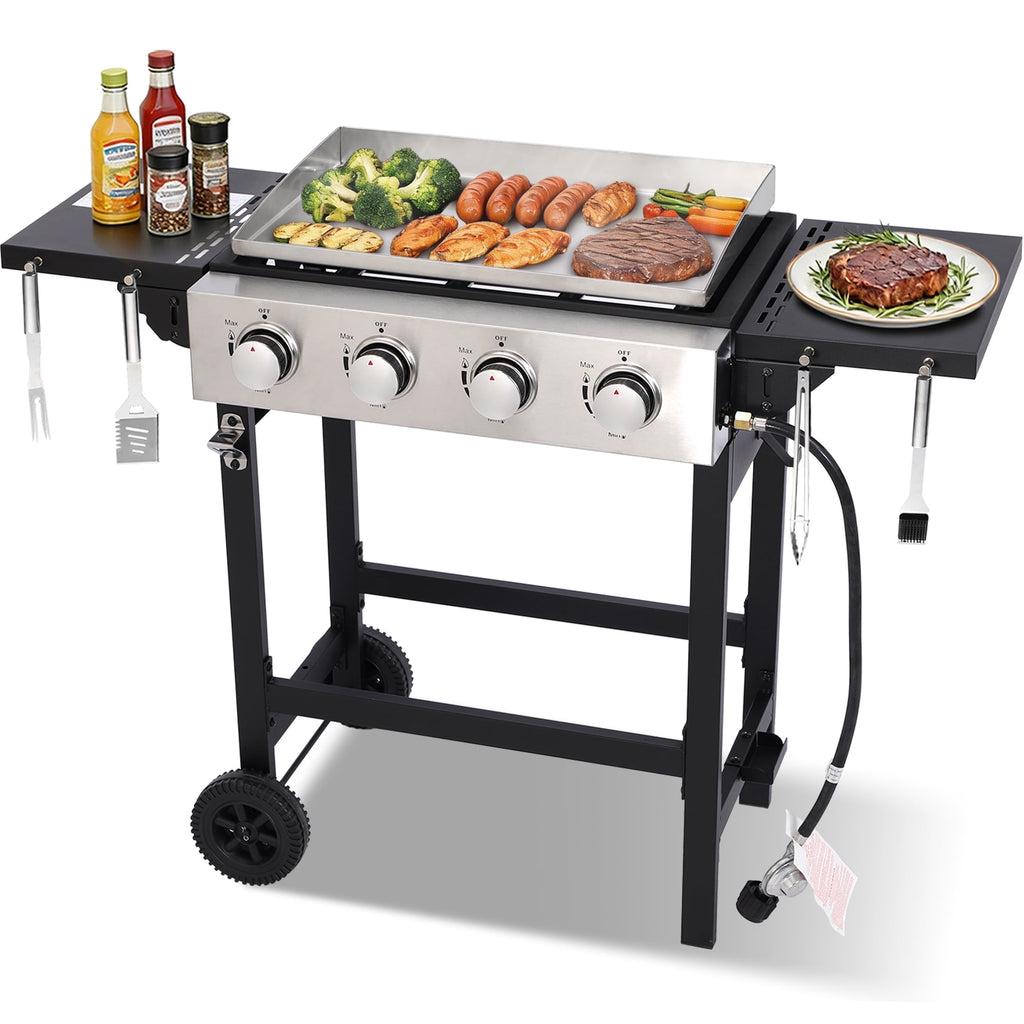 Flat Top Gas Grill 40000 BTU, 4 Burner Propane Griddle with Stainless Steel Pan, Side Shelves, and Wheels, Easy Clean Garden It
