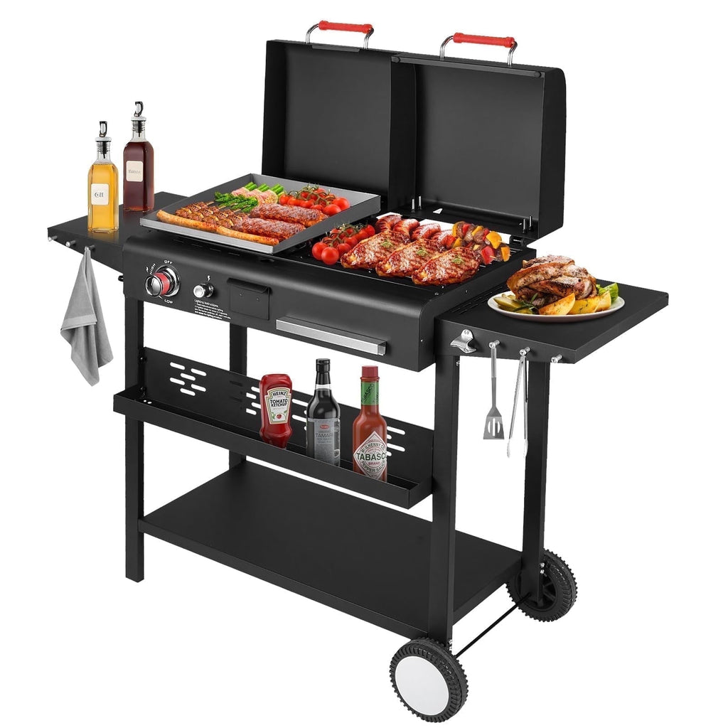 Frizi Charcoal and Gas Grill Combo with Black Dual Lids, Dual Fuel Propane Gas Grill with 2 Side Shelves for Outdoor Backyard Barbecue Cooking Gas Grills