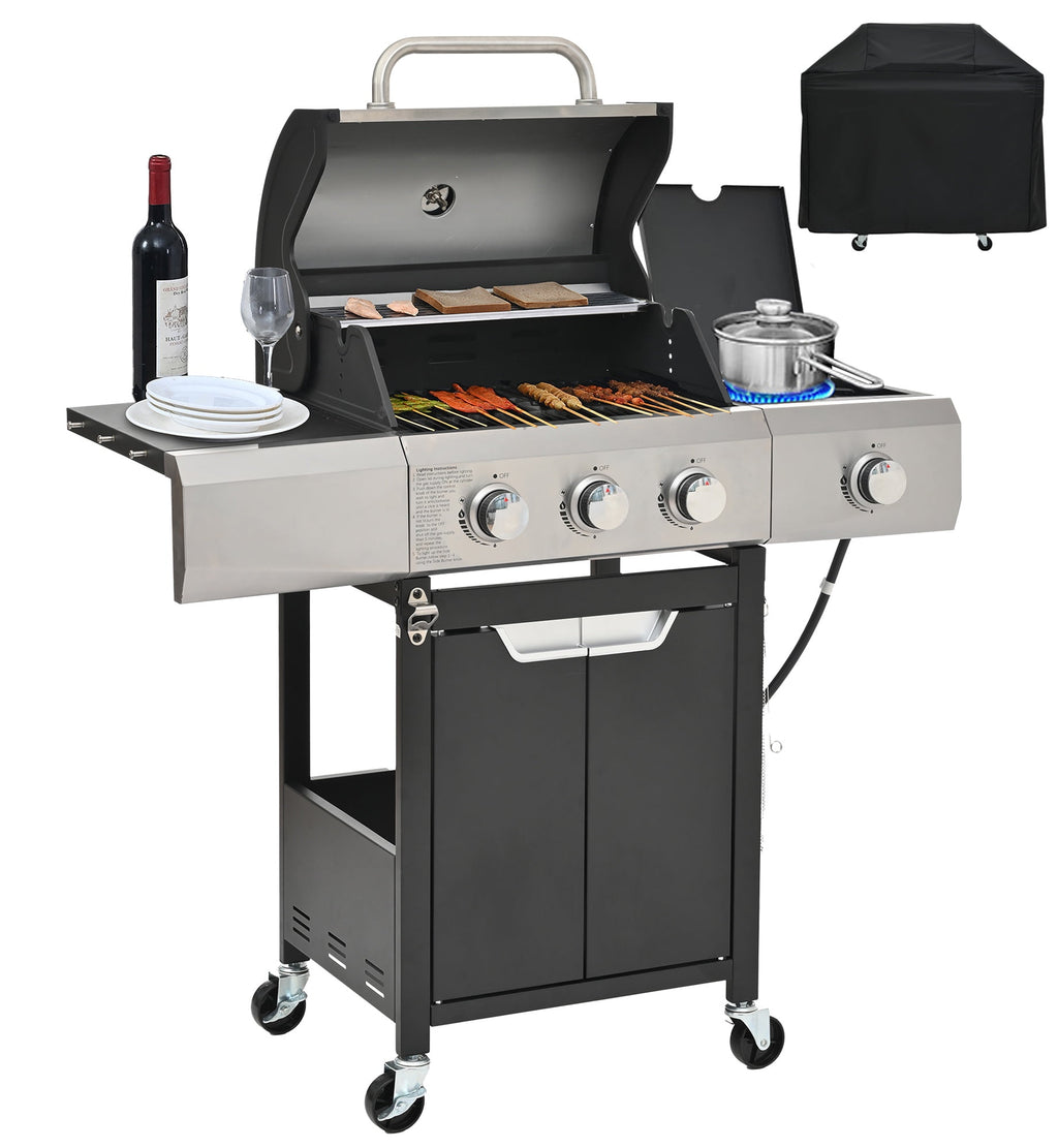 Gas Grill w/Side Burner, 40500BTU Propane Grill with Cover, Stainless Steel Outdoor BBQ 2 Cooking Areas, Portable Grill for Camping Patio Gas Grills