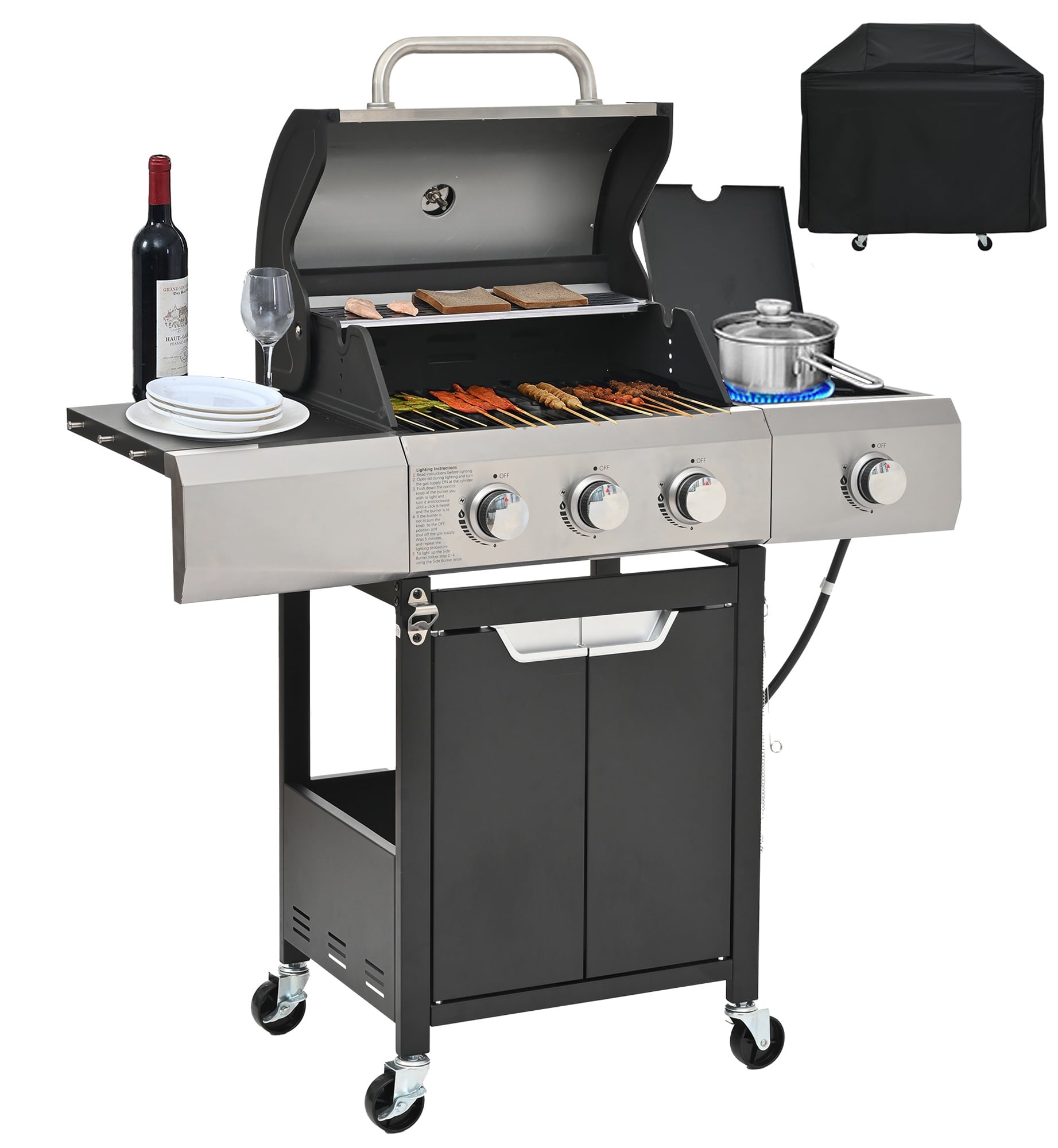 Gas Grill w/Side Burner, 40500BTU Propane Grill with Cover, Stainless Steel Outdoor BBQ 2 Cooking Areas, Portable Grill for Camping Patio Gas Grills