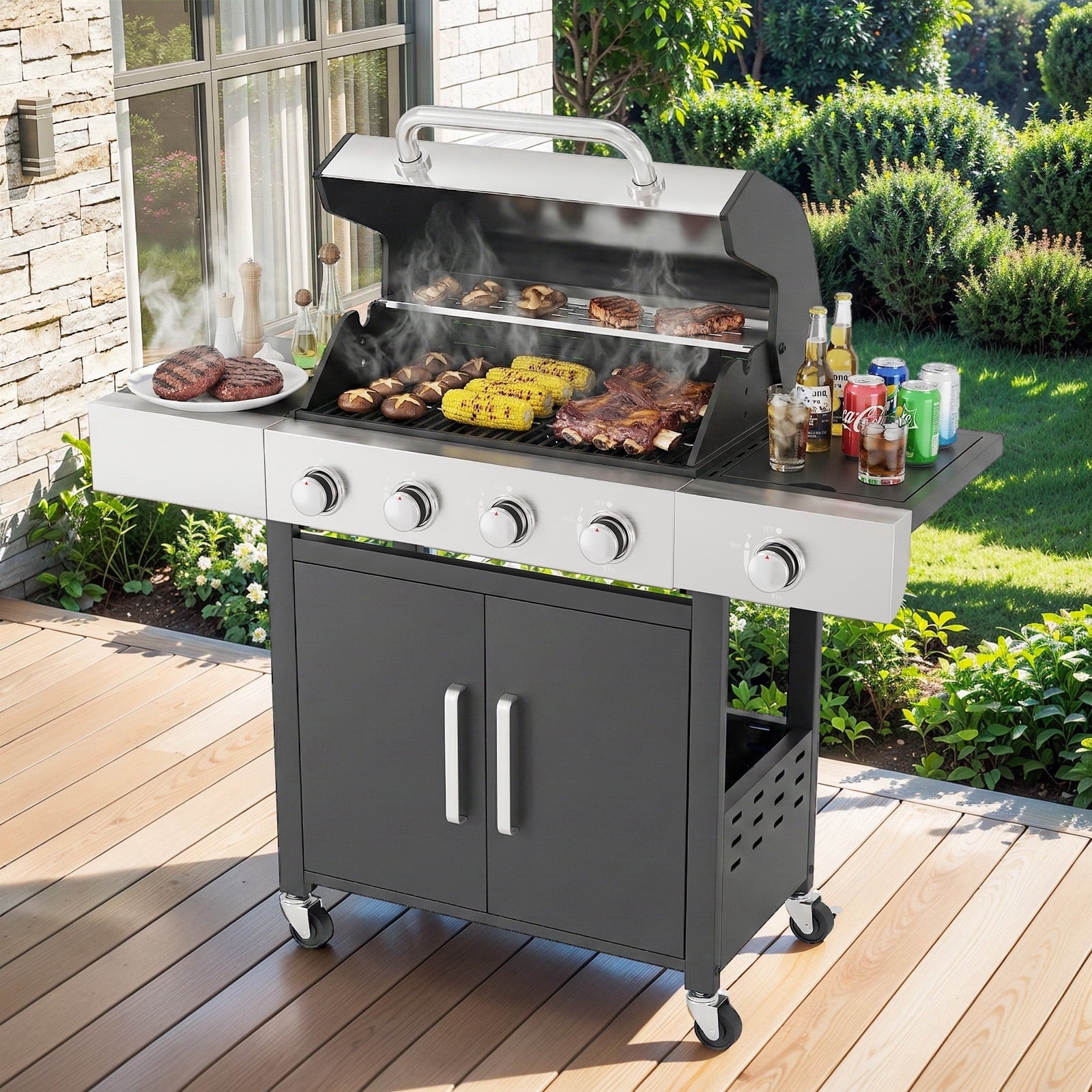 Gymojoy Outdoor 4 Burner Propane Gas Grill with Side Burner Stainless Steel BBQ Grill Gas Grills