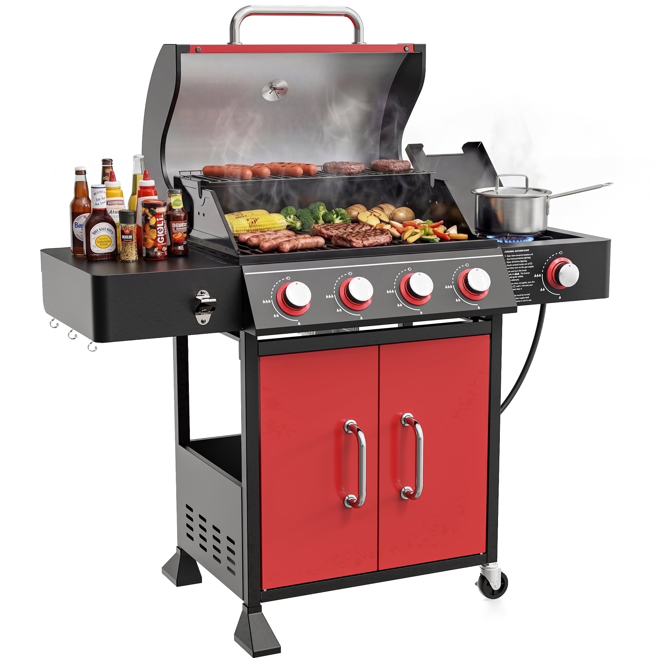 4-Burner Gas Grill with Side Burner, 51,000 BTU, HUGROVE  BBQ Grill with Porcelain-Enameled Lid,Cast Iron Grates, Propane Grills Outdoor Cooking, Red Gas Grills