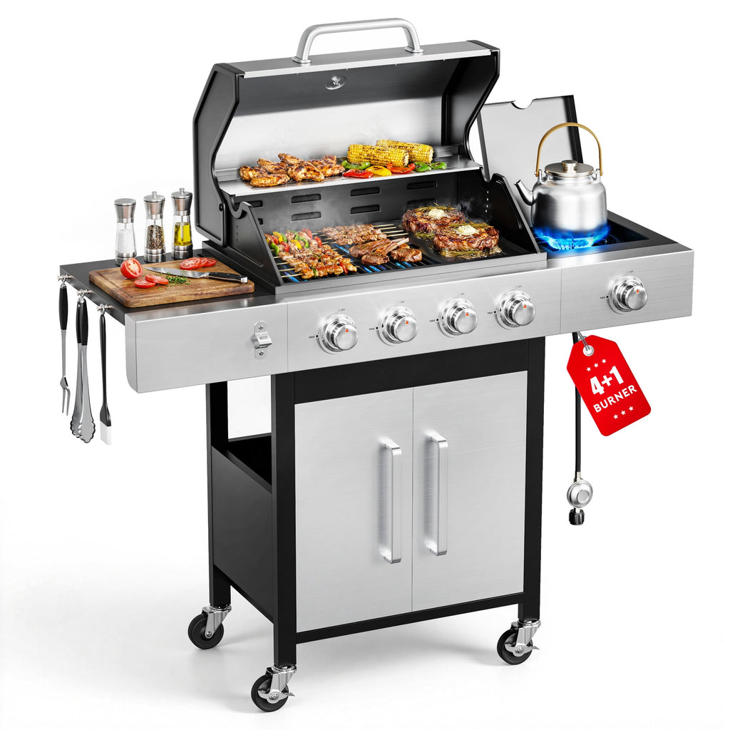 Biotree 4 Burner Gas Grill with Side Burner, 50800 BTU Barbecue Grill Propane Stainless Steel BBQ Grill with Porcelain-Enameled Cast Iron Grates for Outdoor Cooking Gas Grills