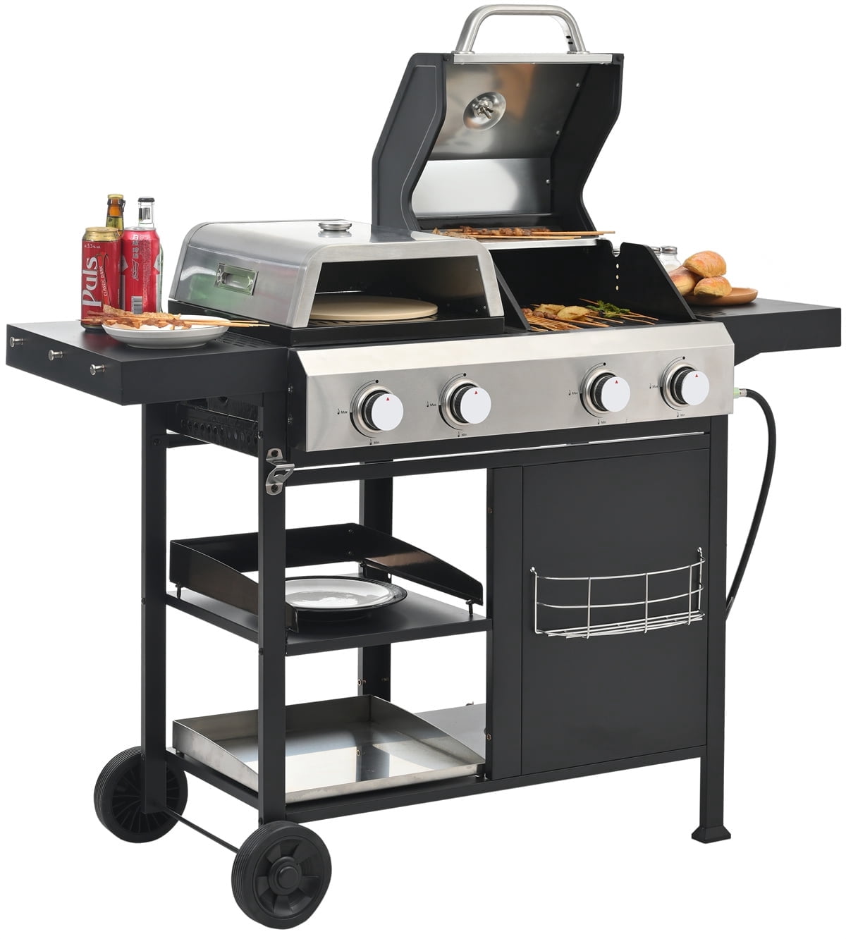 HighSound 4 Burner Propane Gas Grill & Griddle Combo BBQ Grill with Lid & Pizza Oven 49200 BTU, Flat Top Propane Grill Griddle Combo for Outdoor Cooking While Camping & Tailgating, Black Gas Grills