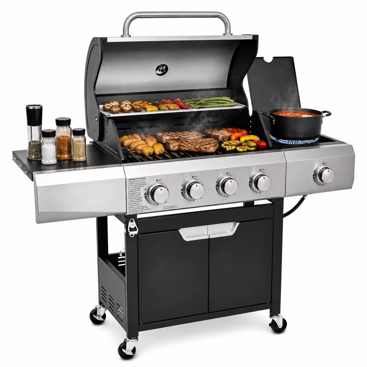 Highsound 4-Burner Propane Gas Grill with Side Burner, 51,000 BTU Outdoor Barbecue Grill, Stainless Steel BBQ Grill for Backyard Cooking, Black Gas Grills