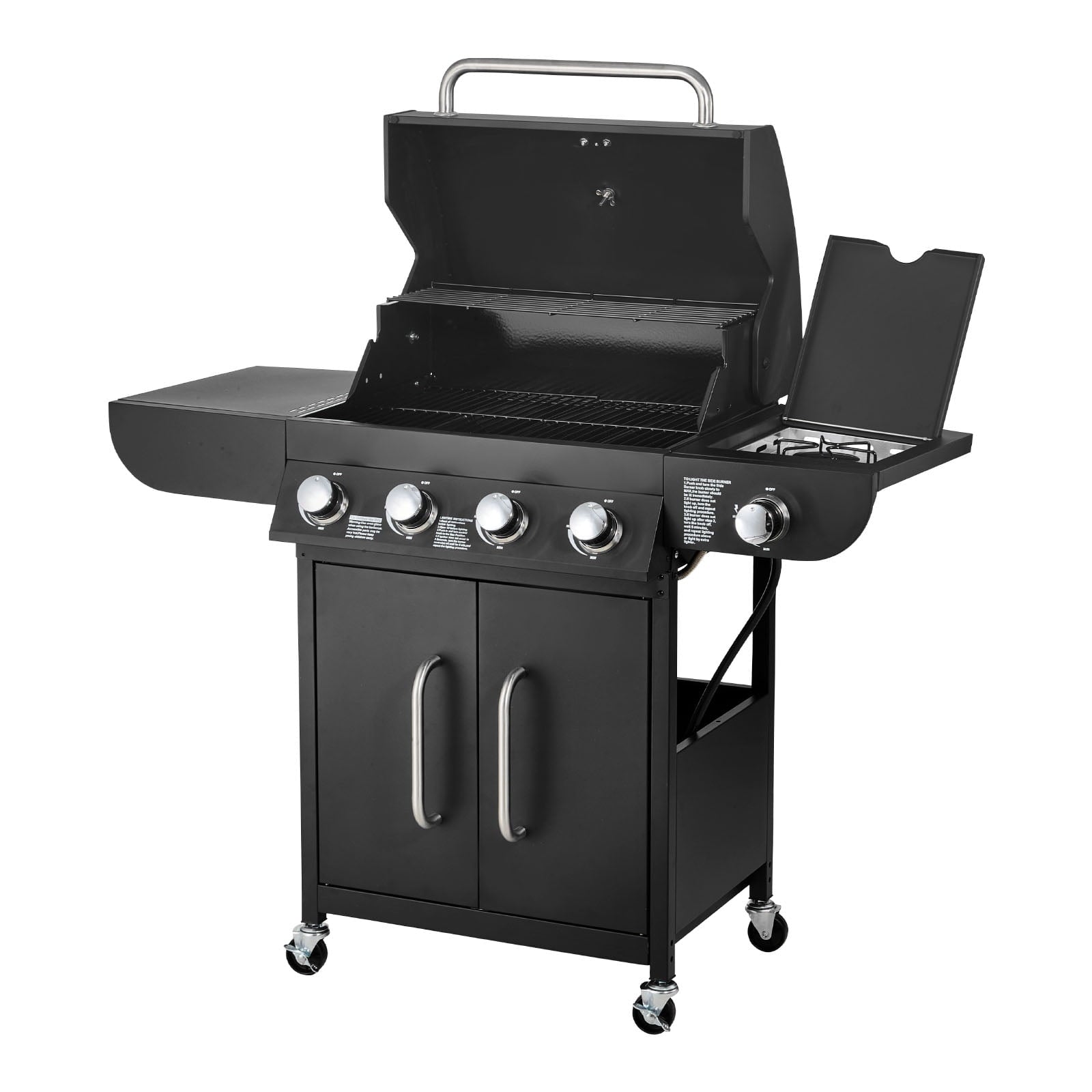 KFFKFF 4-Burner Propane Gas Grill with Side Burner, 425 SQ.In Cooking Surface, Carbon Steel Enamel Grates, Outdoor 52,000 BTU BBQ Grill with Dual Side Shelves, Durable Carbon Steel Construction KFFKFF