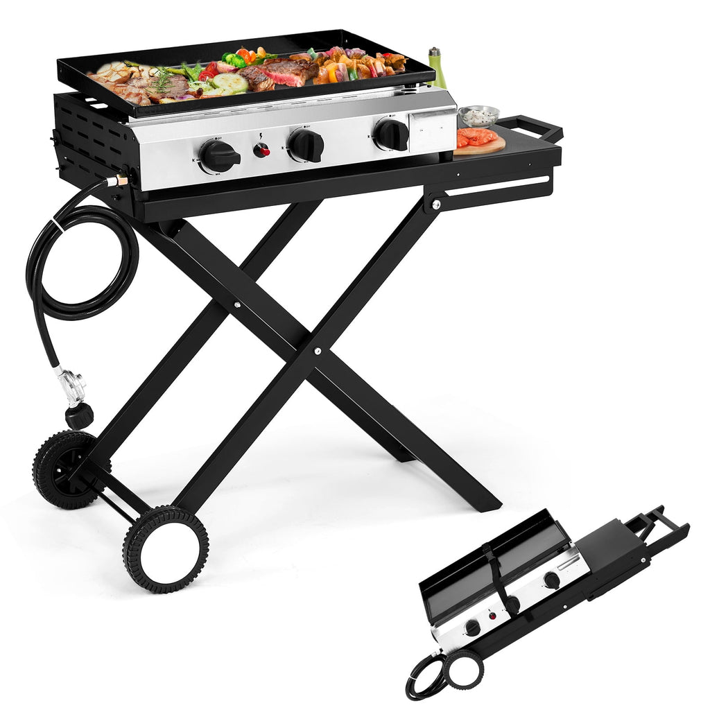 Ktaxon 3 Burner Propane Griddle Flat Top Gas Grill 30000 BTU Portable Grill with Ceramic Coated Cast Iron Pan,Side Shelves,Wheels Ktaxon