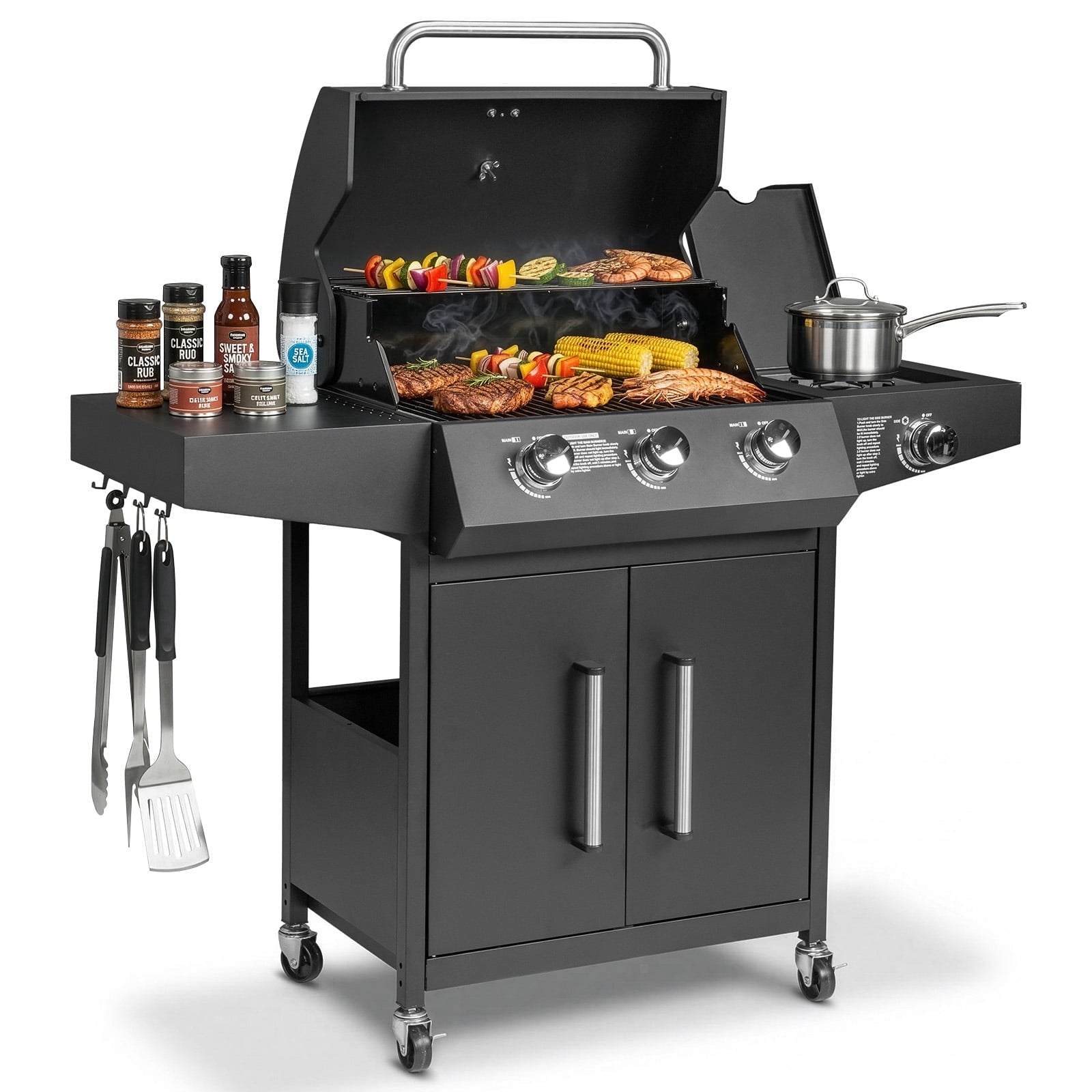 Ktaxon 3 Burner Propane Grill Gas Stove 46000 BTU with Side Stove,Wheels Ktaxon
