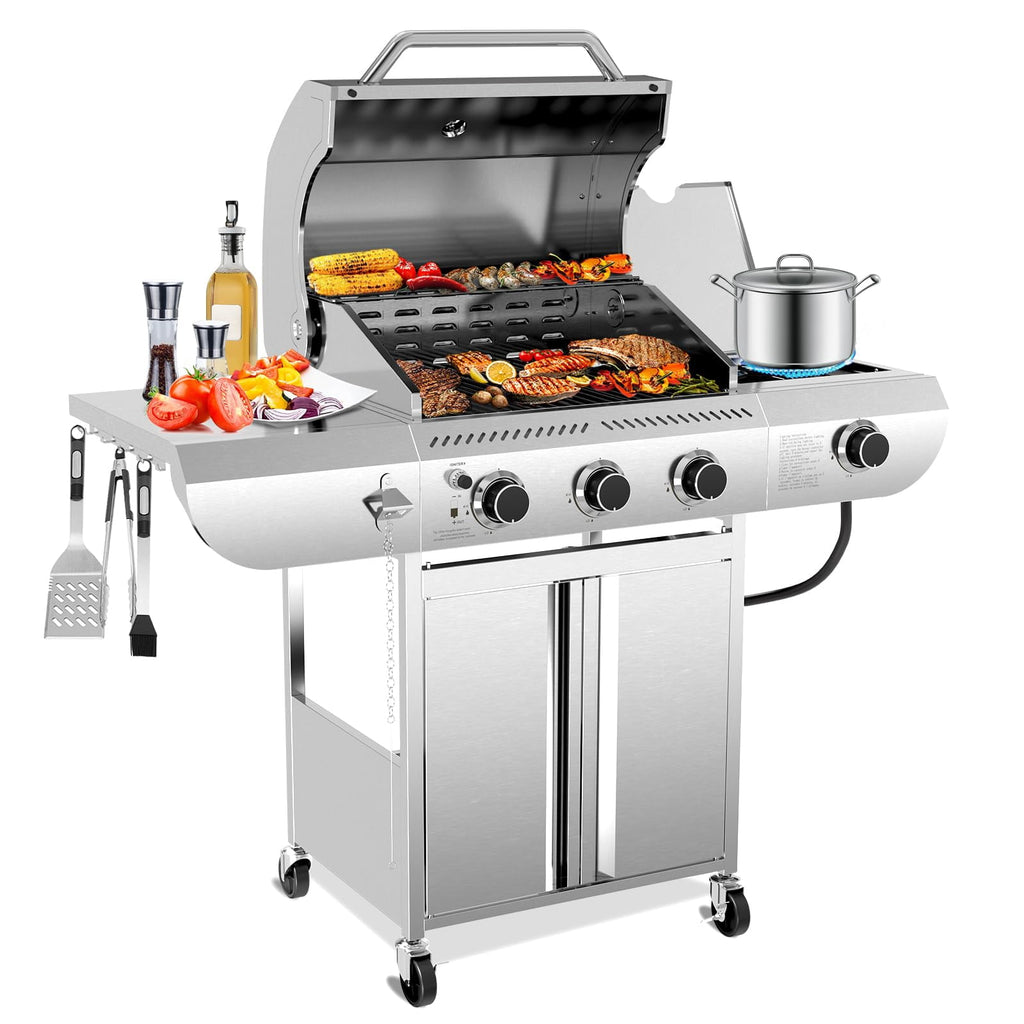 LHRIVER Stainless Steel BBQ Grill, 3 Burner Propane Gas Grill with Side Burner  for Outdoor Cooking Patio Backyard Gas Grills