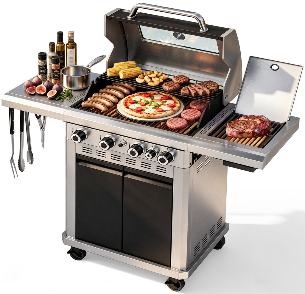 MF Studio 4 Burner Propane Gas Grill with 13500 BTU Infrared Side Burner – 604 sq.in Extra Large Cooking Area Outdoor BBQ Grill - Black Gas Grills