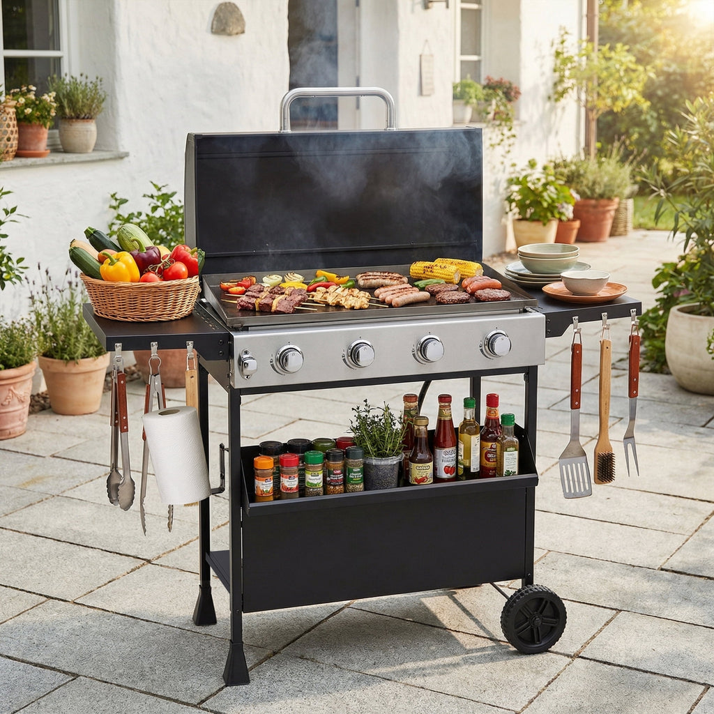 Magic Union 4-Burner Heavy Duty Rolling Flat Top Propane Gas Griddle, Portable Griddle on Cart with Hood & Foldable Side Shelves, 32000 BTU 455 sq.in, for Outdoor Cooking, Camping & Tailgating Gas Grills