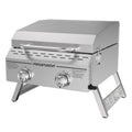 Megamaster 2-Burner Stainless Steel Portable Gas Grill with Built-In Lid, 16,000 BTUs, Foldable Legs, Small Propane Grill for Outdoor Cooking, Camping, BBQs, Patios, Tabletop, and Gardens - 820-0033M Megamaster