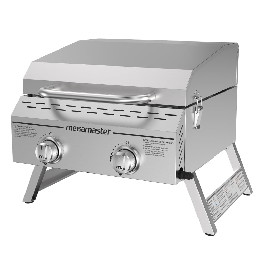 Megamaster 2-Burner Stainless Steel Portable Gas Grill with Built-In Lid, 16,000 BTUs, Foldable Legs, Small Propane Grill for Outdoor Cooking, Camping, BBQs, Patios, Tabletop, and Gardens - 820-0033M Megamaster