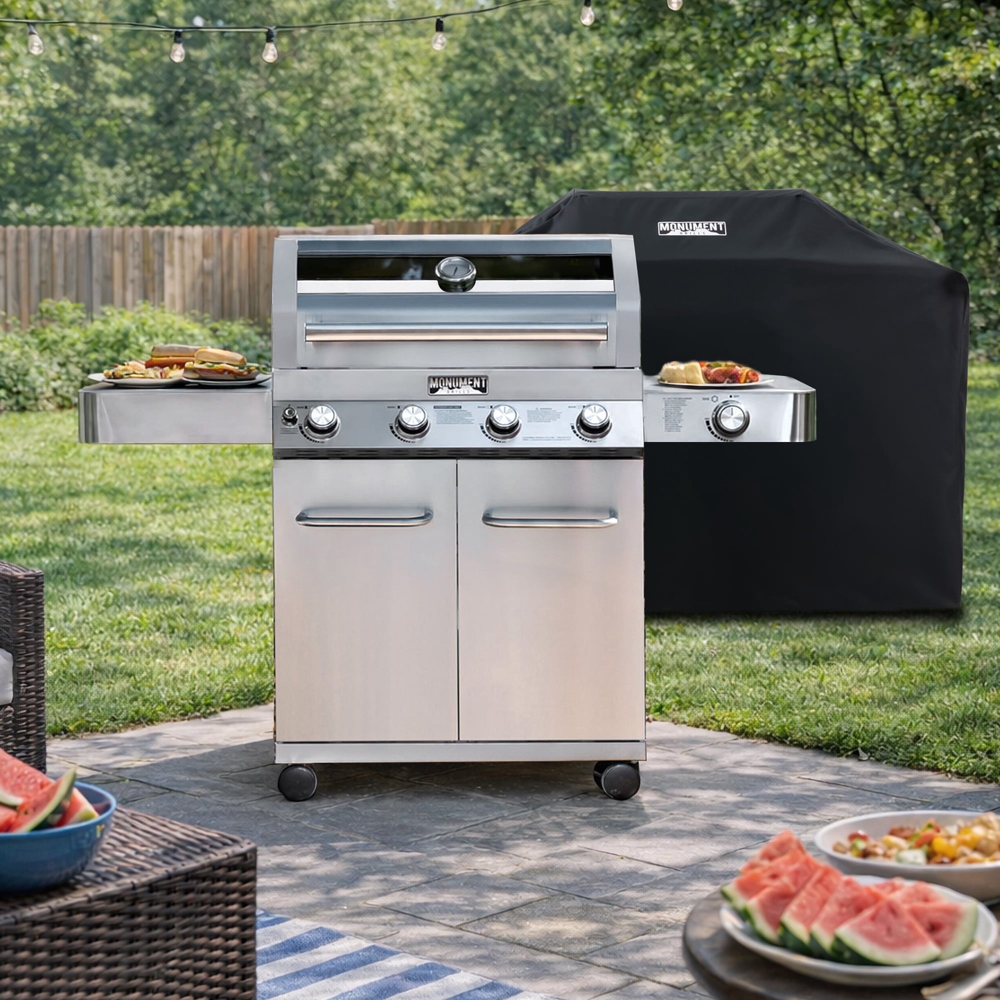 Monument Grills 4-Burner Natural Gas Grill in Stainless with Clear View Lid, LED Controls, Grill Cover, and Side Burner Monument Grills