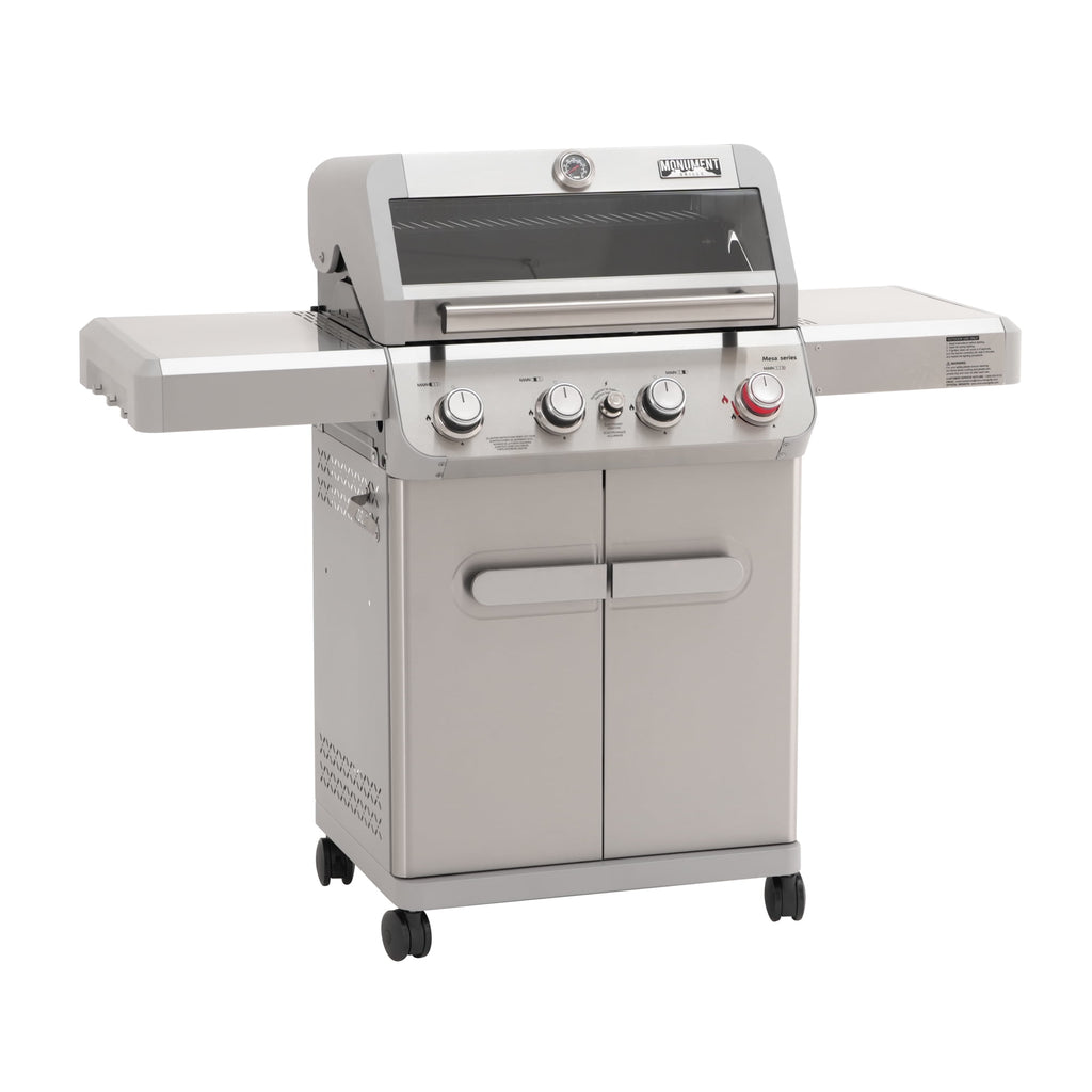 Monument Grills 4 Burner Stainless Propane Gas Grill with Viewing Window, Two Foldable Shelves ,Gas Tank Hook & Bottle , Easy Clean-up, M410MBZ Monument Grills