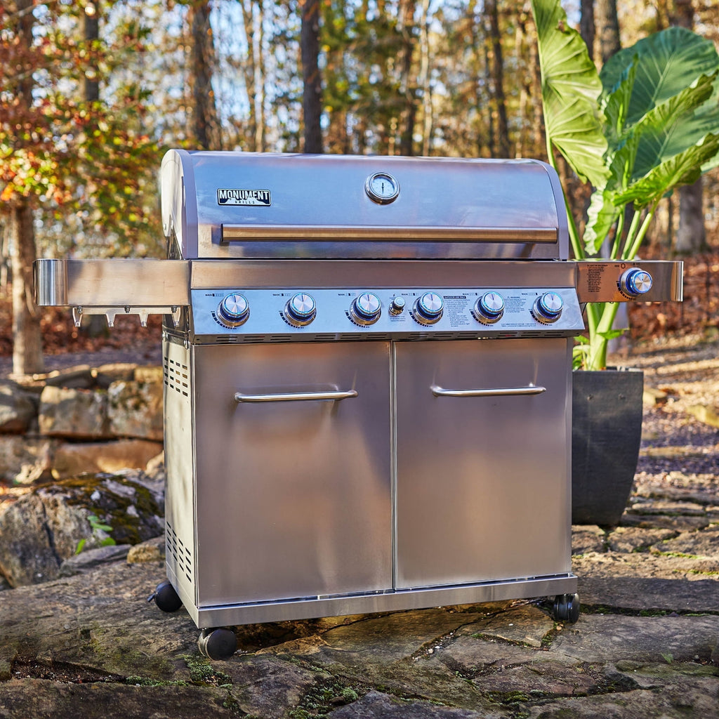 Monument Grills 6+1 Burner Propane Gas Grill  84,000 BTU Stainless Steel Outdoor Patio Barbecue Grill  LED Controls , Free Rotisserie Kit , and Easy Cleanup , 77352 Monument Grills
