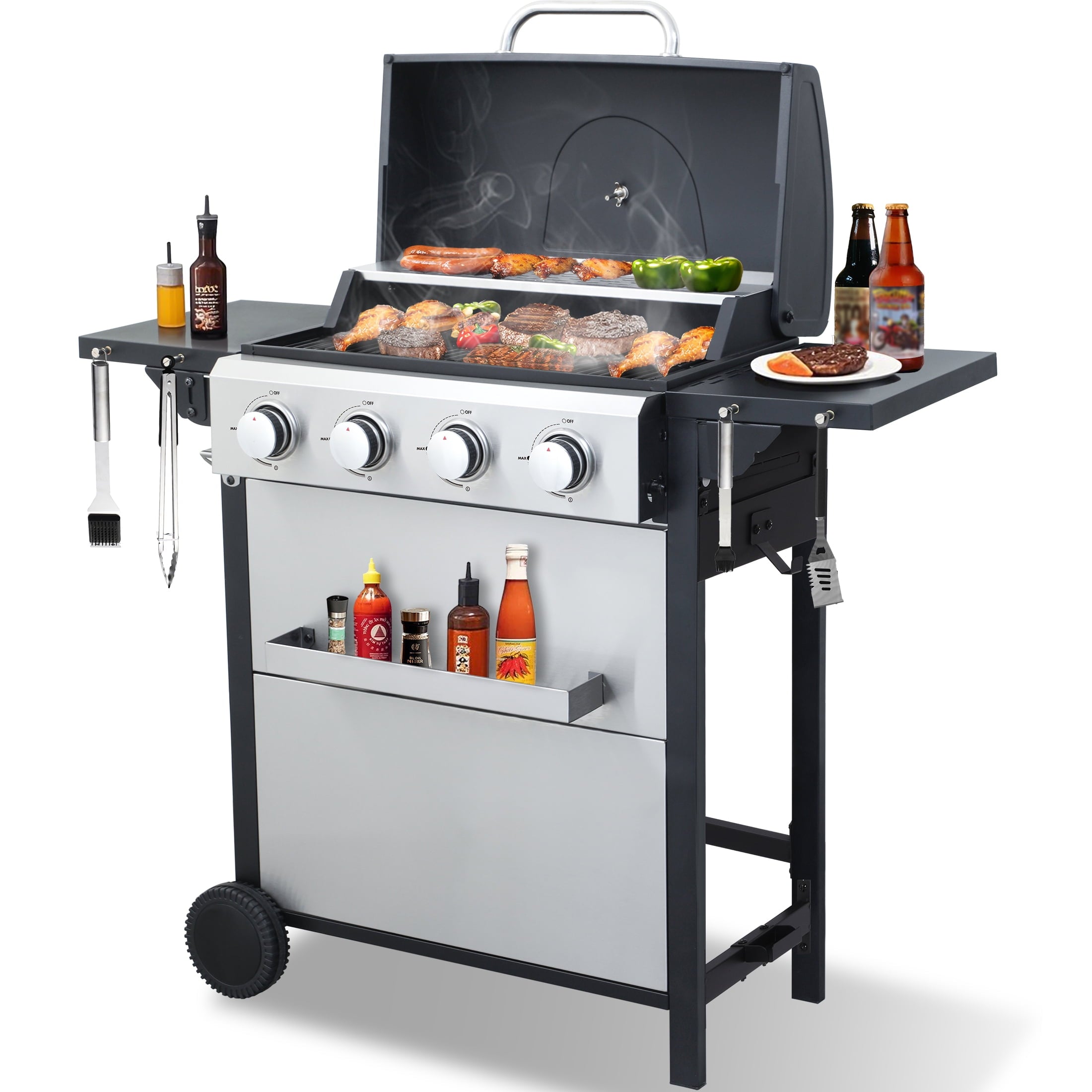 Nice Cooker 4-Burner Propane Gas Grill with 2 Foldable Side Tables, 34200 BTU Outdoor BBQ Grill with Porcelain-Enameled Grates, Built-in Thermometer, Easy Assembly for Patio, Backyard BBQ Gas Grills