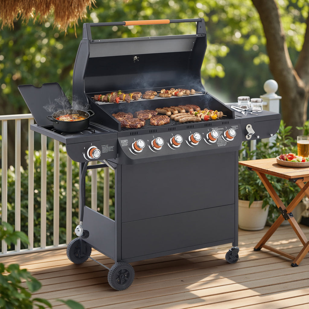 Noble House Professional 6-Burner Propane Gas Grill with Side Burner, Steel BBQ Grill with Cast Metal Grates, Black Noble House