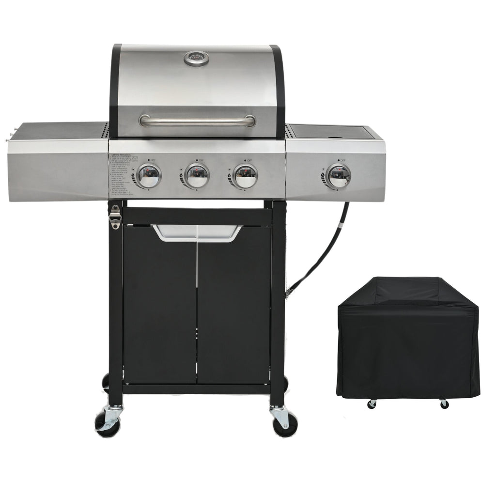 Outdoor Grill, Propane Grill 3 Burner Barbecue Grill Stainless Steel Gas Grill with Side Burner and Cover for Outdoor BBQ, Camping, Silver BBQ Grill,Stainless Steel Tabletop Grill Gas Grills
