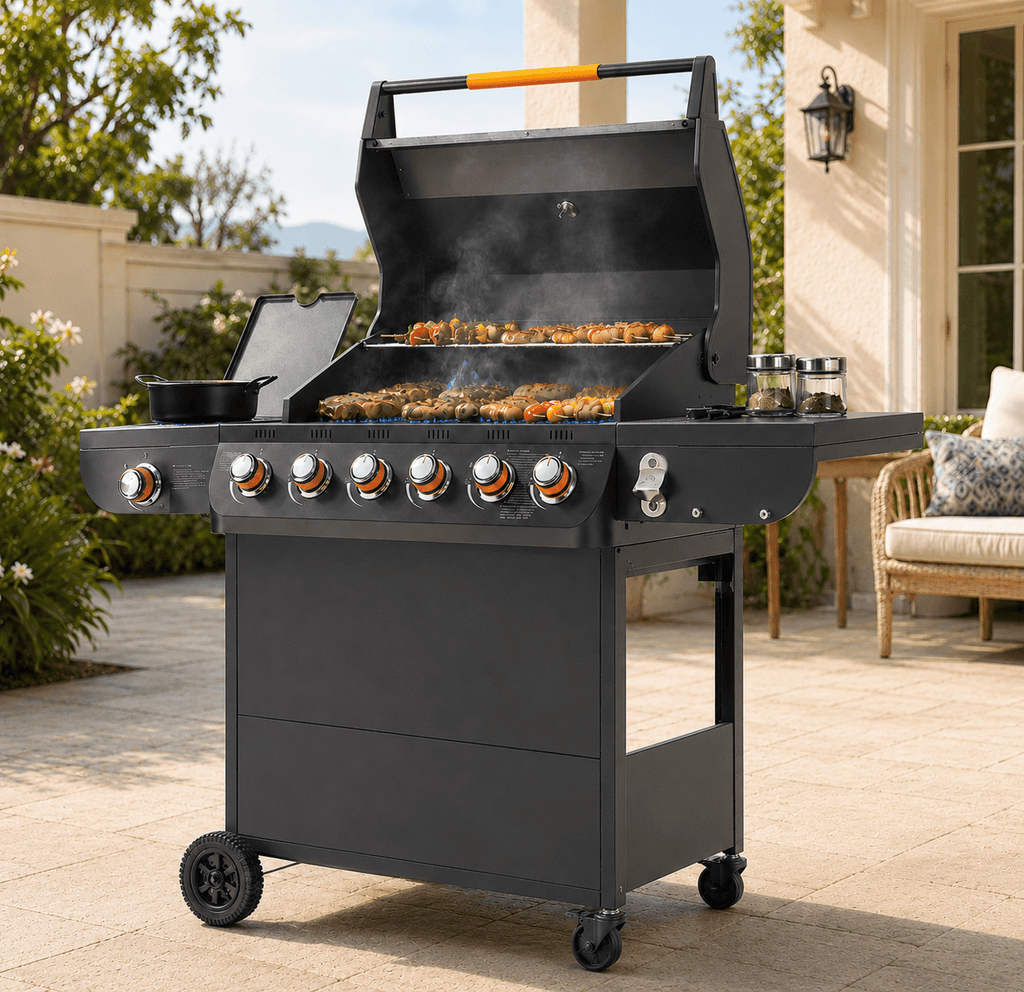 Seizeen 72,000 BTU Powerful Gas Grill, 6-Burner Propane BBQ Grill with Side Burner, w/Cast Iron Grates, Warming Rack, Thermometer Seizeen
