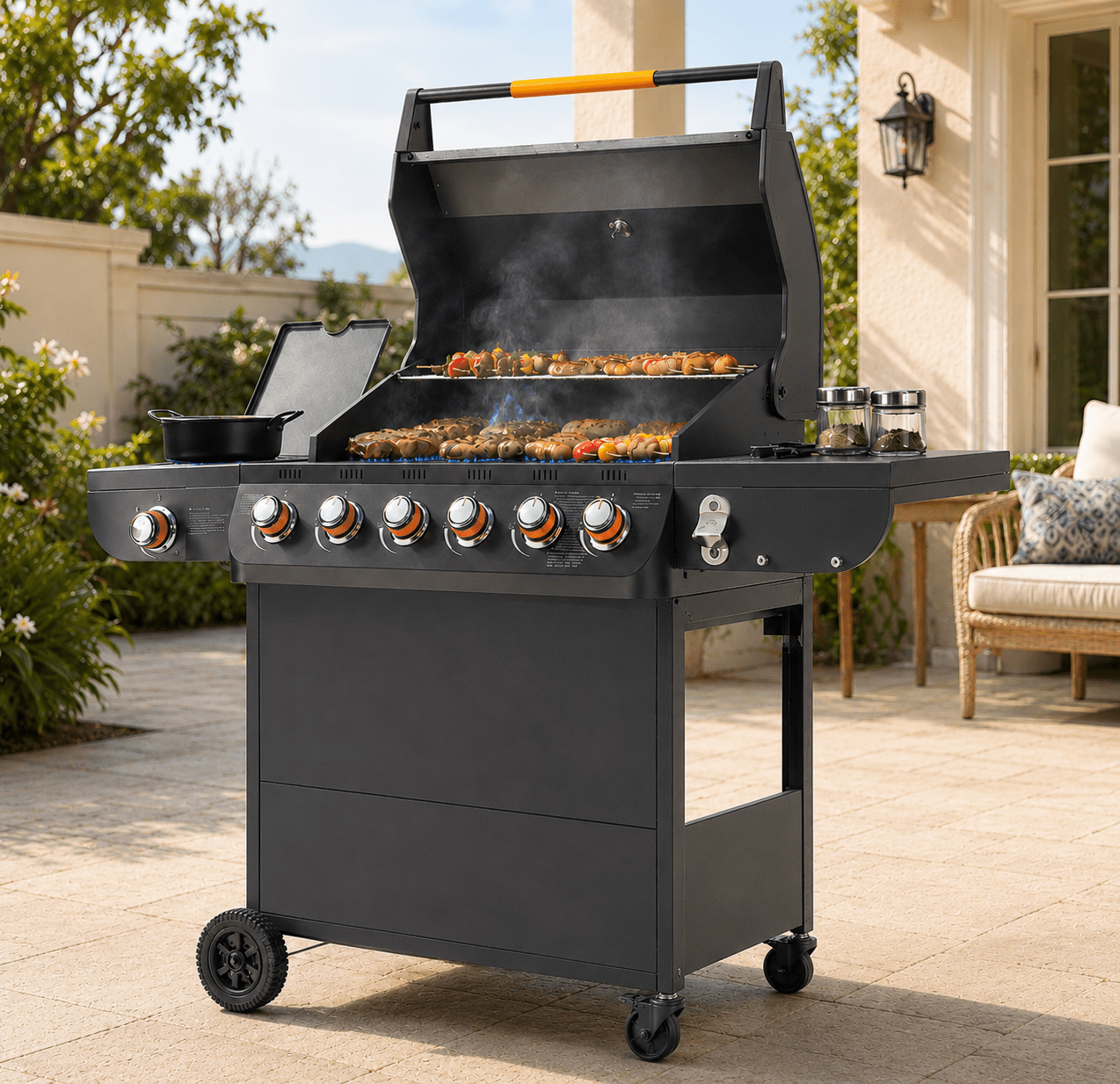 Seizeen 72,000 BTU Powerful Gas Grill, 6-Burner Propane BBQ Grill with Side Burner, w/Cast Iron Grates, Warming Rack, Thermometer Seizeen