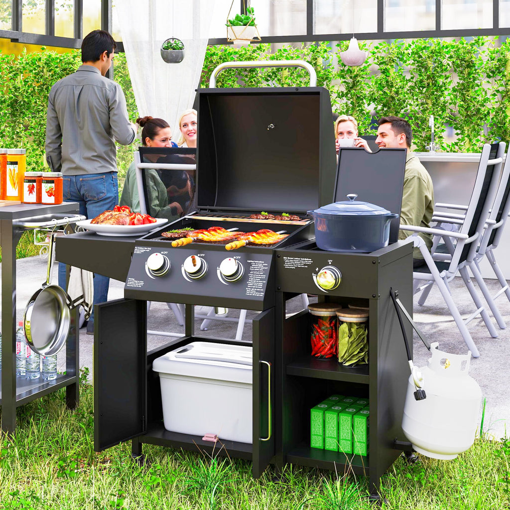 Outsunny 3 Burner Gas Grill with Side Burner, 9.5 KW Output, 310 Sq. in. Cooking Area, Cabinet Style Propane BBQ Grill with Shelves, Black Outsunny
