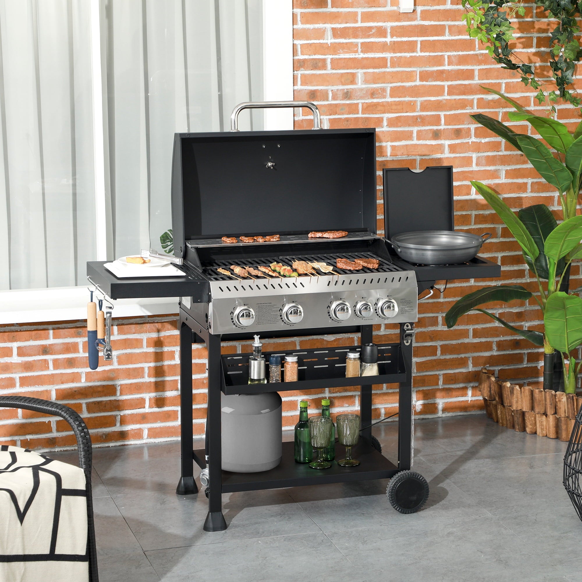 Outsunny 4 Burner Propane Gas Grill with Side Burner, 40,000 BTU Outdoor Barbeque with Shelves, Thermometer, Bottle Opener, Black Outsunny