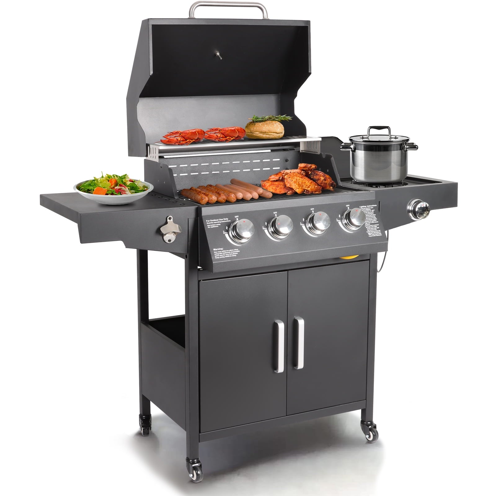 Polar Aurora Propane Gas Grill 4-Burners a Side Burner, Side Table, Steel Grill Cart for Garden Outdoor Cooking Picnic Polar Aurora