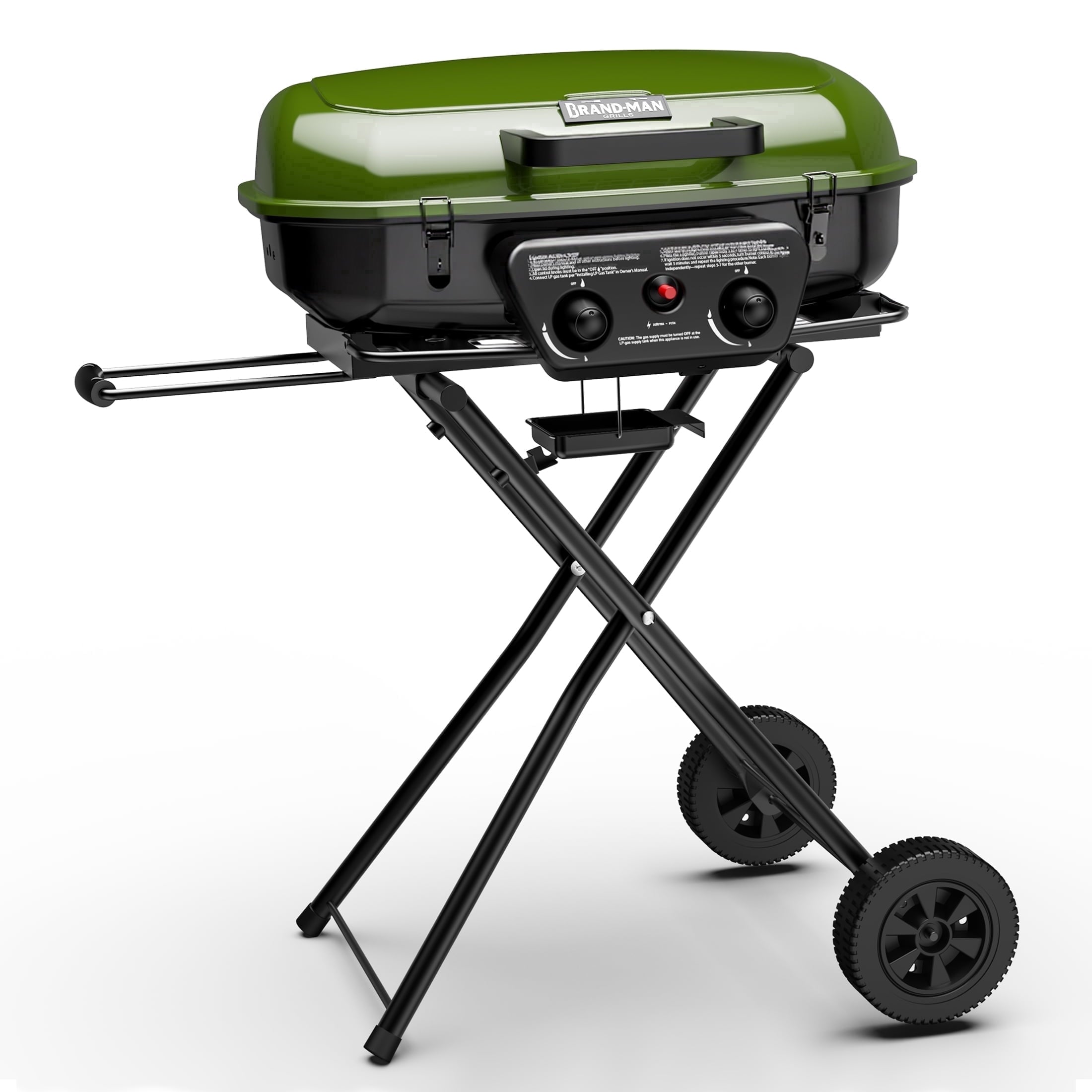 Brand Man Portable 2-Burner Camping Propane Gas Grill, Enameled Foldable BBQ with Griddle for Outdoor Cooking, Green Gas Grills