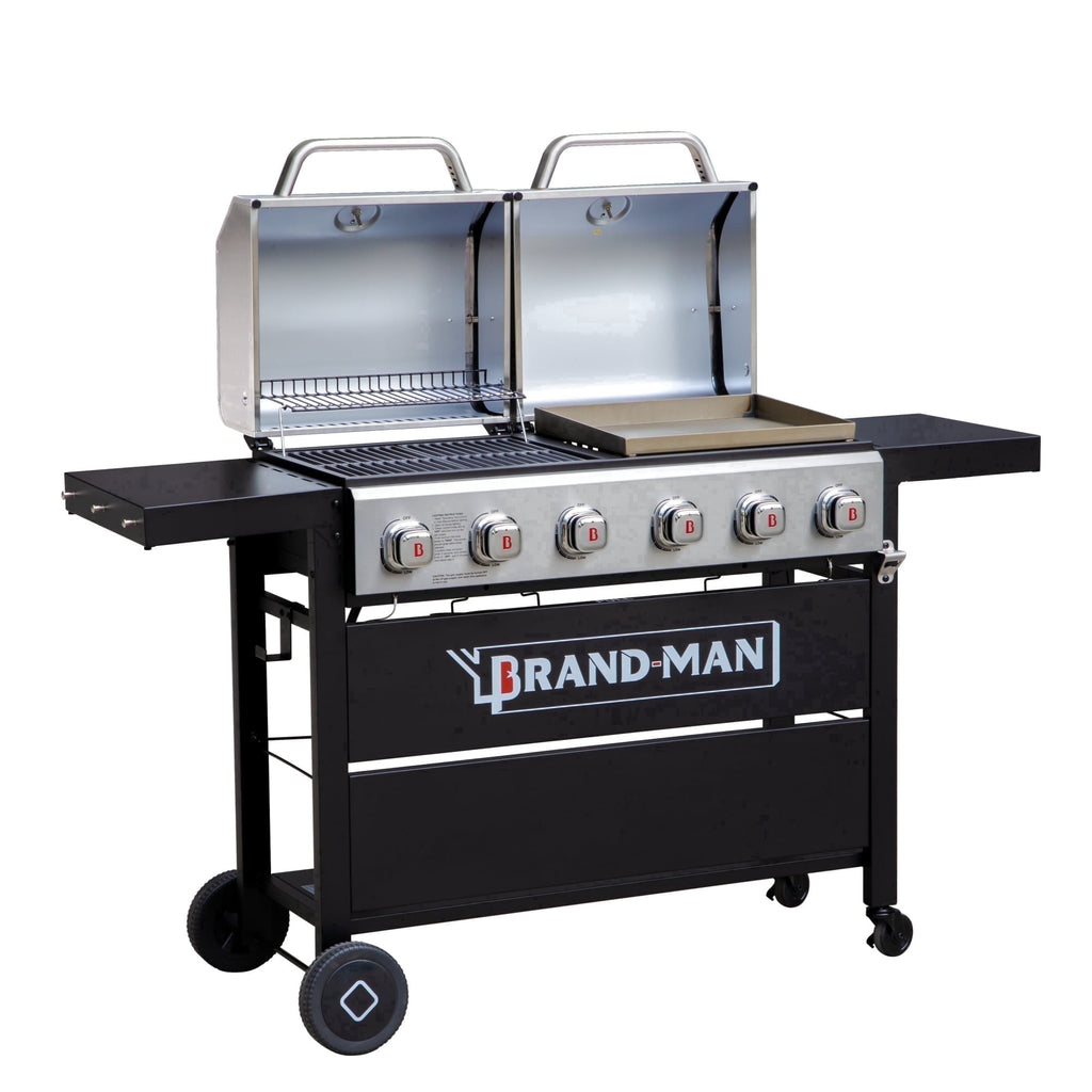 Brand Man Propane 6-Burner Combo Gas Grill with Flat Top Griddle, Heavy Duty 2-in-1 BBQ with Stainless Steel Lids for Outdoor Barbecue Gas Grills