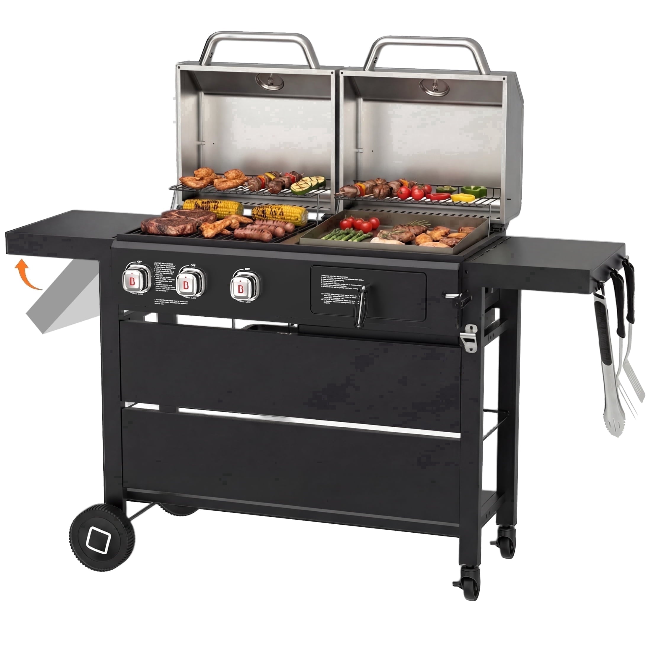 Flintex Propane Gas and Charcoal Grill Combo, Dual Fuel Outdoor BBQ Grill Stainless Steel Lids for Patio Garden Picnic Backyard Barbecue Cooking Gas Grills