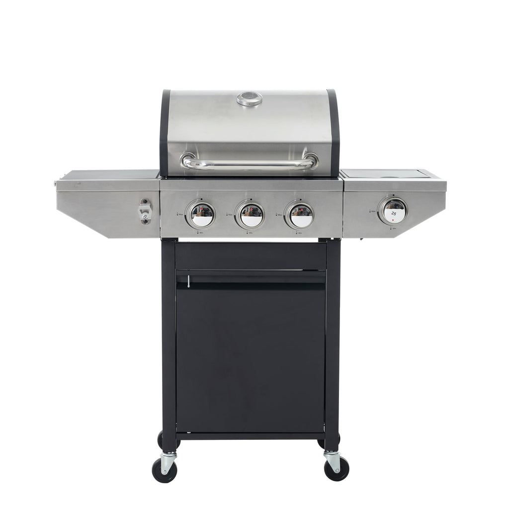Propane Grill 3 Burner Stainless Steel BBQ Gas Grill with Side Burner, Thermometer, and Even Heating Cast Iron Grates for Outdoor BBQ and Camping wildskeeper