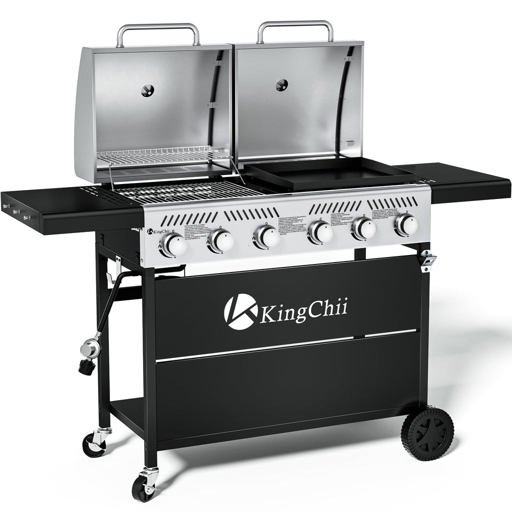 KingChii Propane Gas Grill and Griddle Combo, 2 in 1 Dual Outdoor BBQ with 45,000 BTU for Outdoor Patio Cooking Barbecue Gas Grills