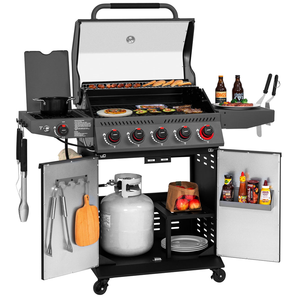 Royal Gourmet GA5407H 5-Burner BBQ Gas Grill with Sear Burner and Lidded Side Burner,Cabinet Style Grill for Outdoor Grilling and Backyard Cooking, Black Royal Gourmet