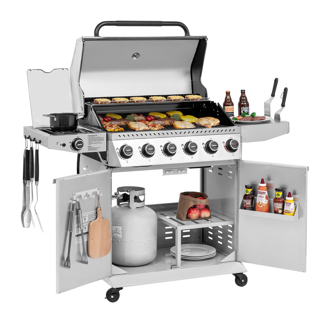 Royal Gourmet GA6406W 6-Burner BBQ Gas Grill, with Sear Burner and Side Burner, Cabinet Style Grill, 74,000 BTU, White Royal Gourmet