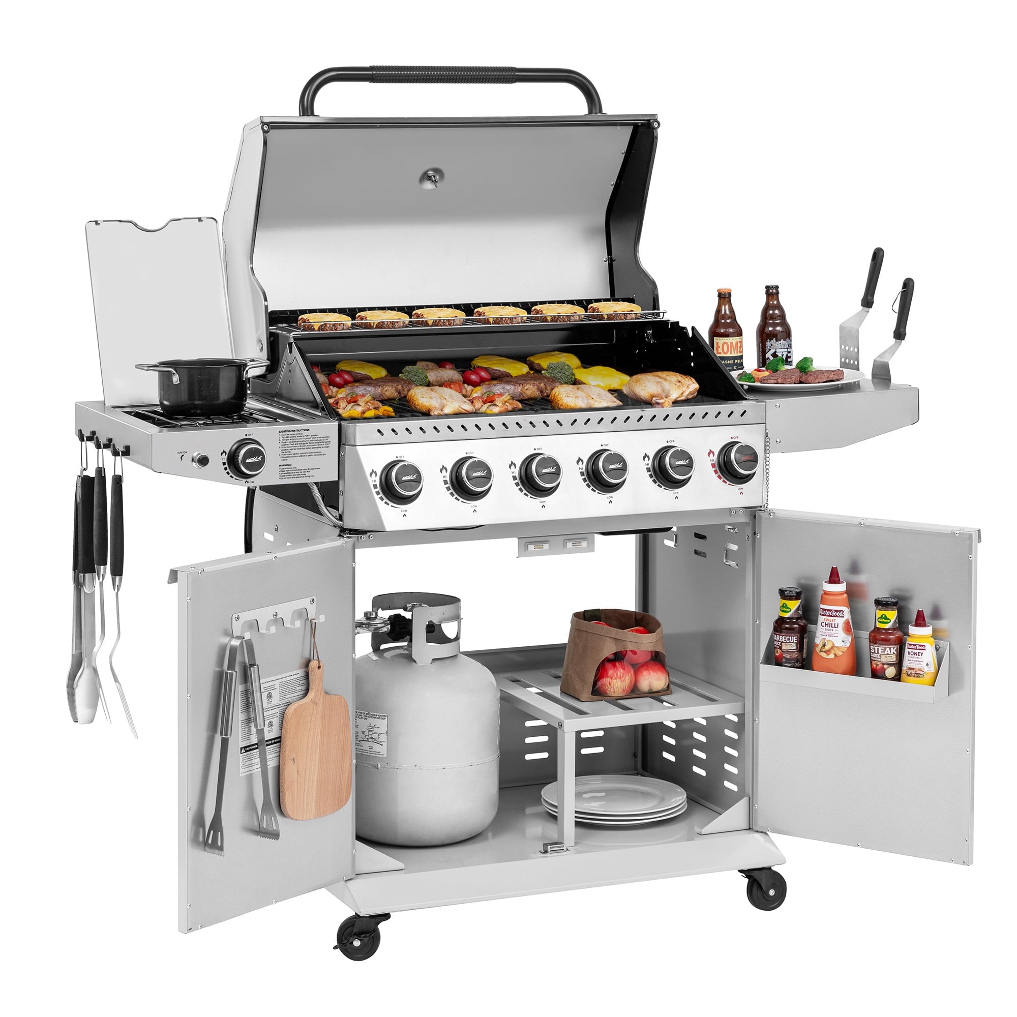 Royal Gourmet GA6406W 6-Burner BBQ Gas Grill, with Sear Burner and Side Burner, Cabinet Style Grill, 74,000 BTU, White Royal Gourmet