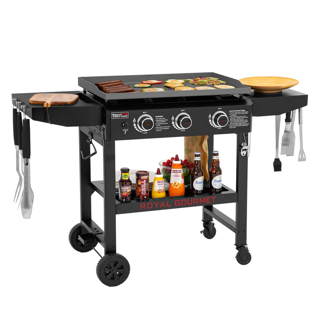 Royal Gourmet GB3000H 28-Inch 3-Burner Gas Griddle in Black, Griddle with Collapsible Side Shelves, 39,000 BTU Royal Gourmet