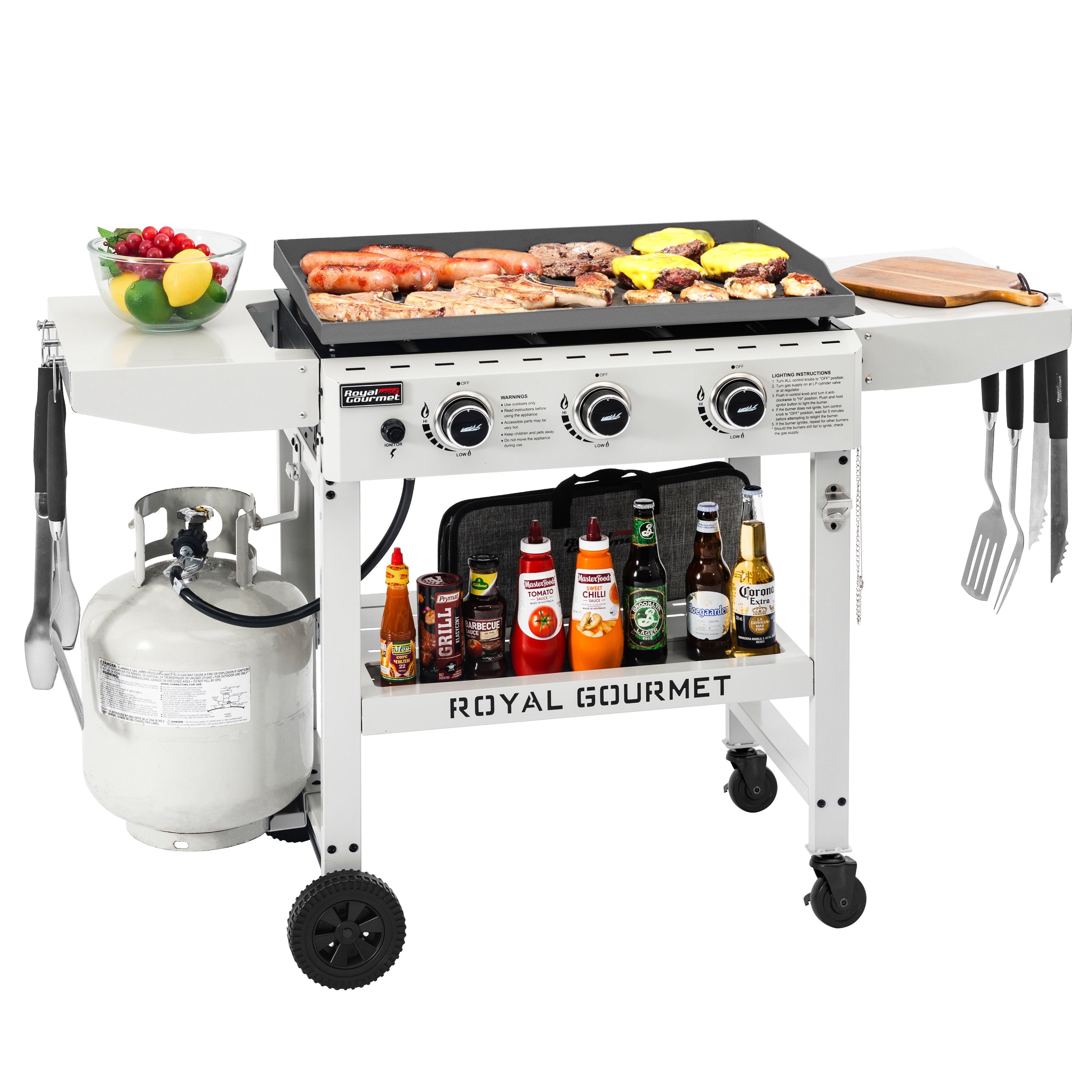Royal Gourmet GB3000W 28-Inch 3-Burner Propane Gas Griddle in White, Griddle with Collapsible Side Shelves Royal Gourmet