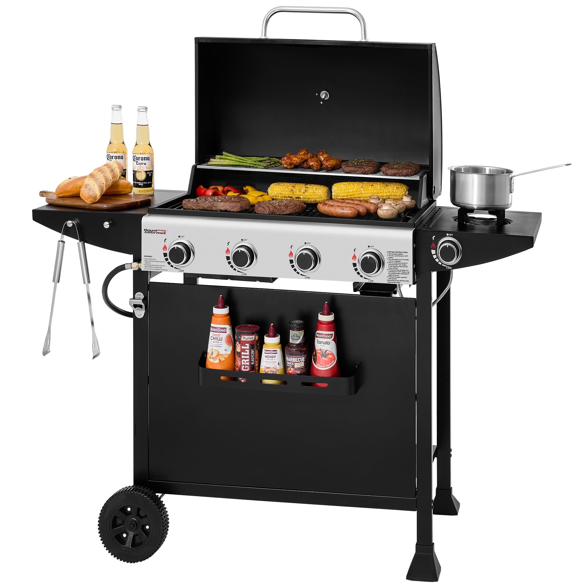 Royal Gourmet GH4001H 4-Burner Gas Grill with Side Burner, Cart Style with Front Board, for Outdoor, Patio, Backyard and Balcony, Black Royal Gourmet