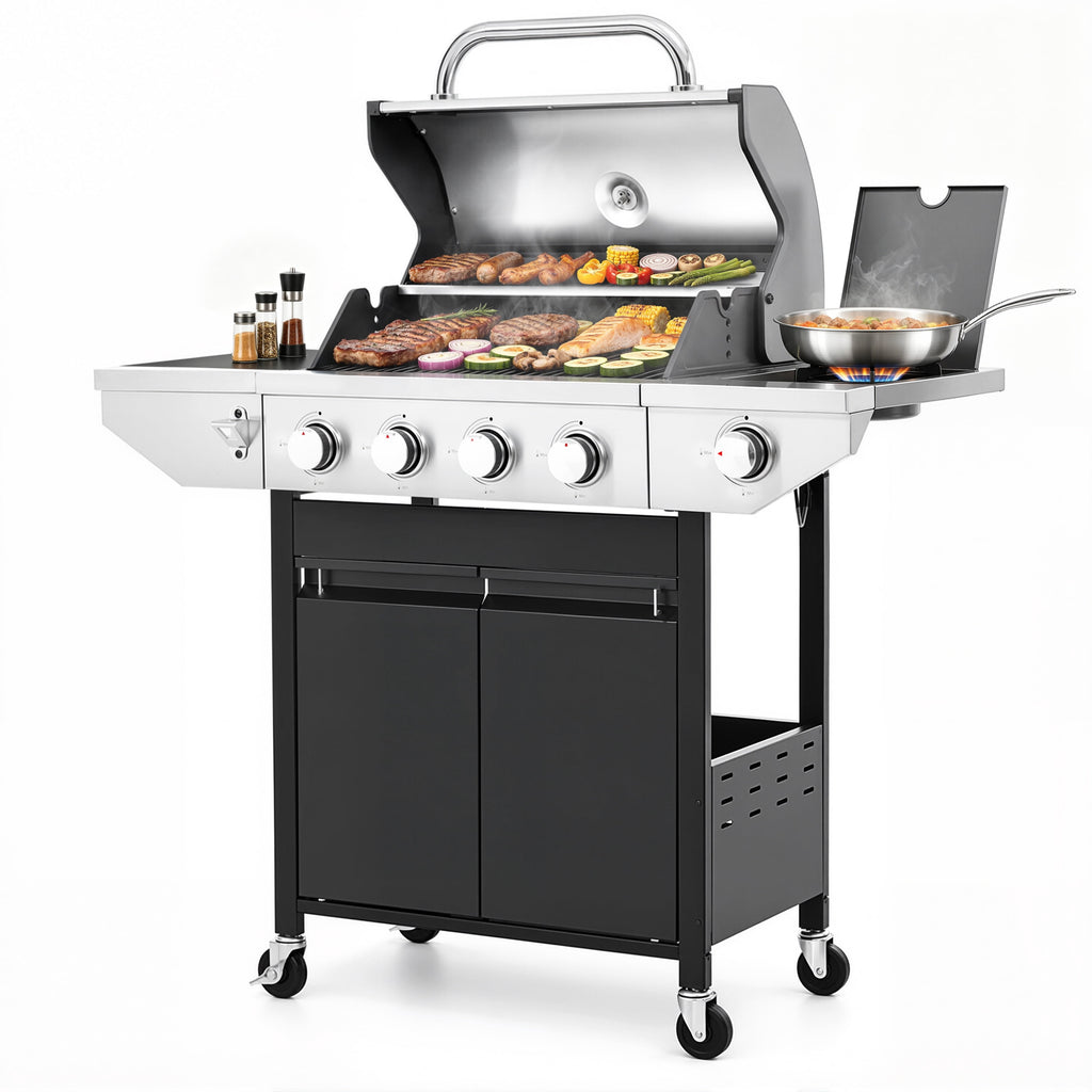 SEGMART 4 Burner Propane Gas Grill with Side Burner, 46,500 BTU Outdoor Cooking BBQ Grill with Porcelain-Enameled Cast Iron Grates, Equipped with Temperature, Tool Hooks, and Bottle Opener Gas Grills