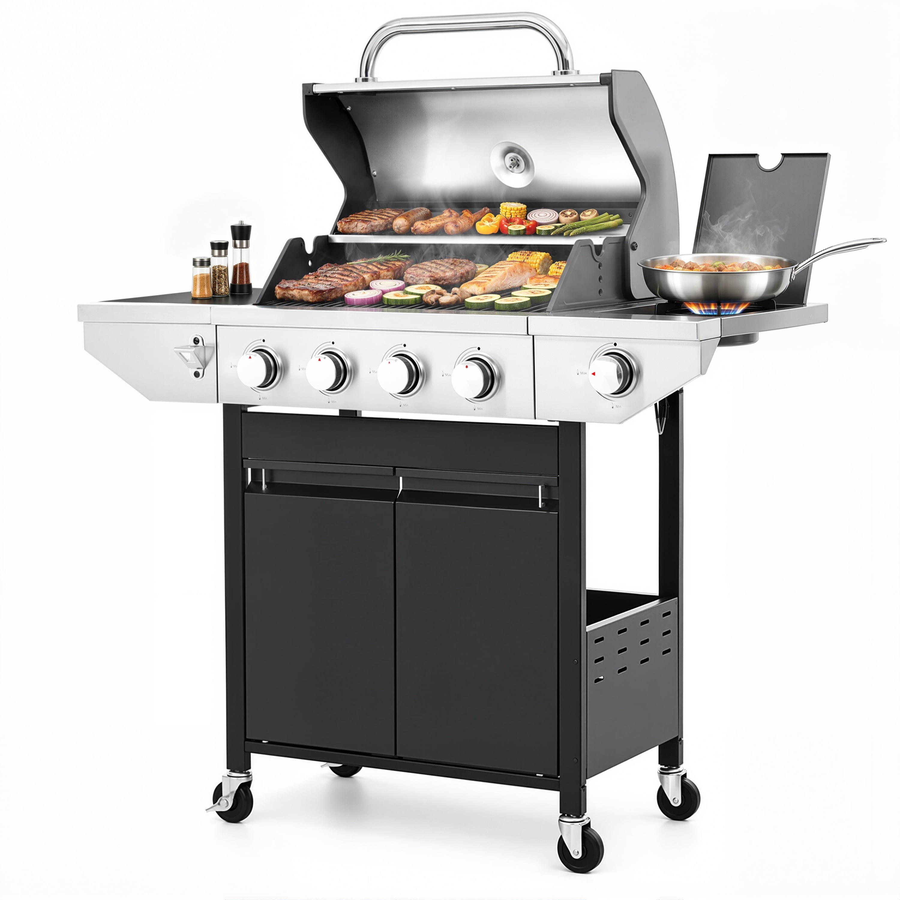 SEGMART 4 Burner Propane Gas Grill with Side Burner, 46,500 BTU Outdoor Cooking BBQ Grill with Porcelain-Enameled Cast Iron Grates, Equipped with Temperature, Tool Hooks, and Bottle Opener Gas Grills