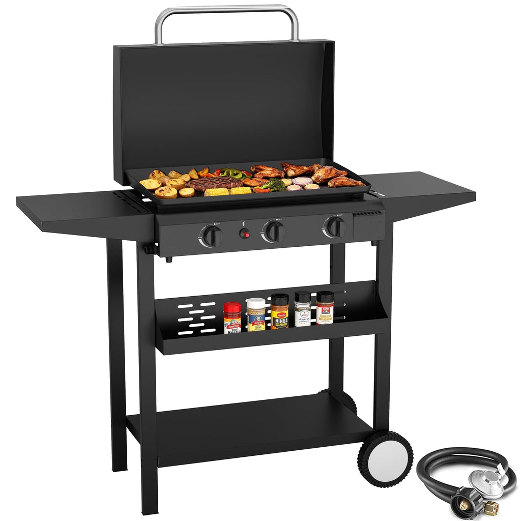 SKOK 23'' 45,000 BTUs Portable 3-Burner Propane Flat Top  Gas Propane Griddle with Hood for Camping Gas Grills