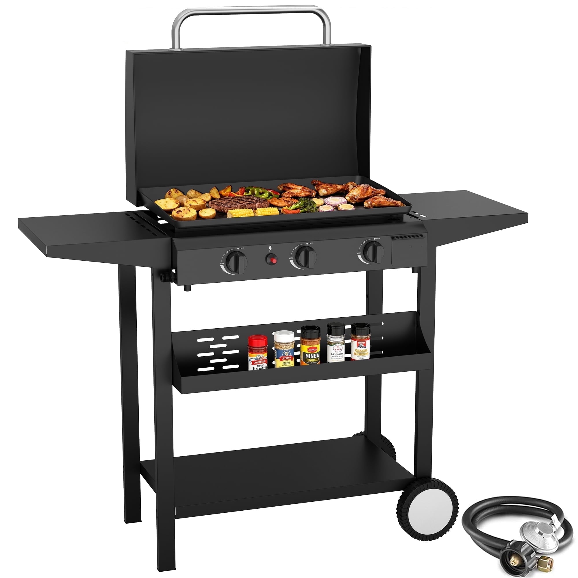 SKOK 23'' 45,000 BTUs Portable 3-Burner Propane Flat Top  Gas Propane Griddle with Hood for Camping Gas Grills