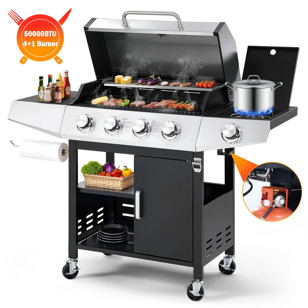 Segmart 4 Burner BBQ Propane Gas Grill with Side Burner, Stainless Steel 50,000 BTU Patio Barbecue Grill with Shelf, Gas Tank Hook, Towel Rack & Bottle Opener, Fits for Camping, Outdoor Cooking Gas Grills