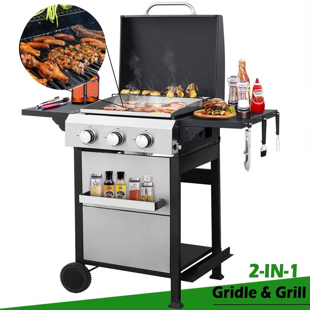 Seizeen 3-Burner Propane Gas Grill, Outdoor 2-IN-1 BBQ Grill & Griddle, Portable Combo Grills Stainless Steel, W/Two Foldable Shelves, Two Cooking Areas, Wheels Gas Grills