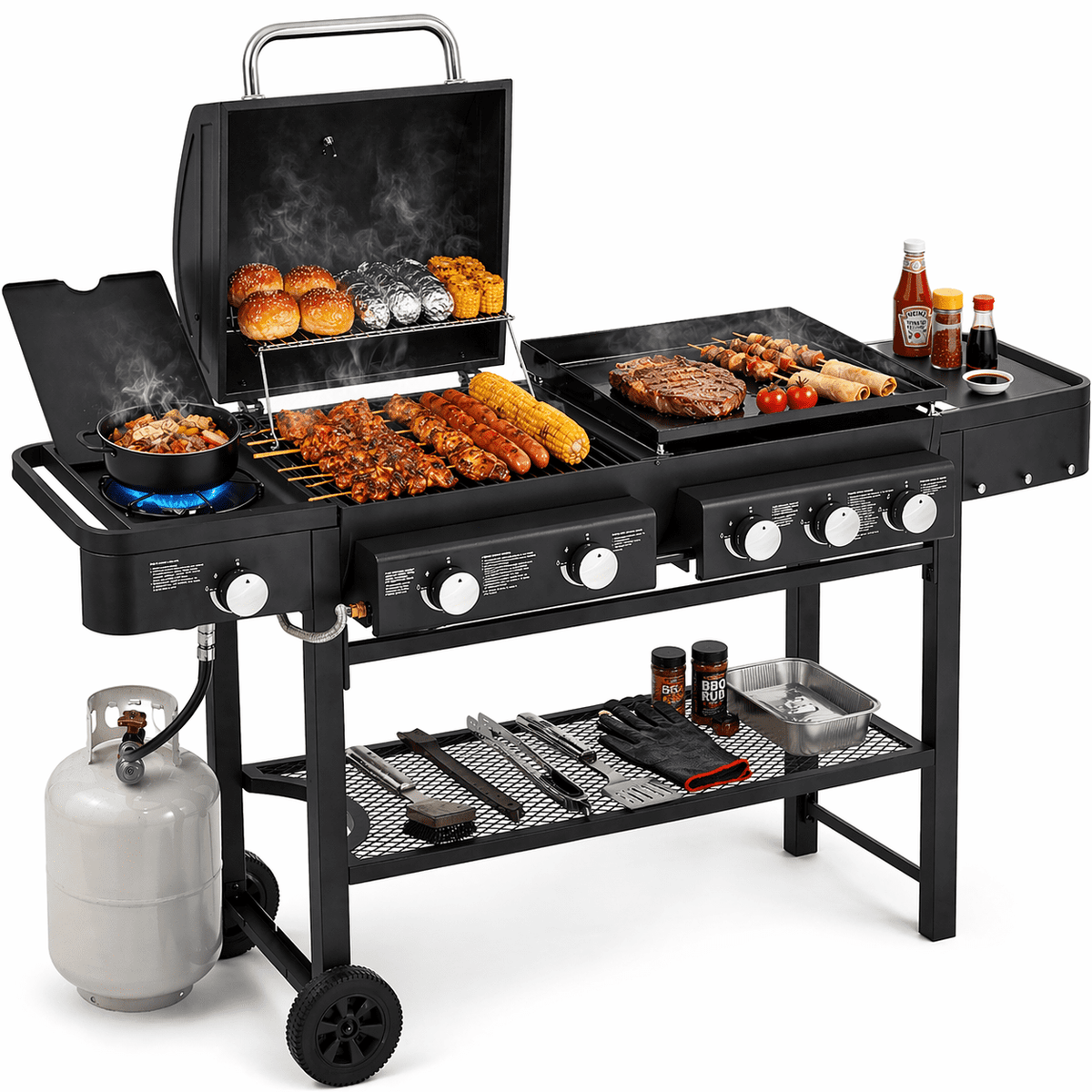 4-Burner BBQ Grill W/Side Burner, 50,000BTU Gas Propane Grill Portable with Storage Cabinet, Heavy-Duty Stainless Steel Outdoor Cooking, with Tank Hook, Towel Rack, Steel Brush Gas Grills