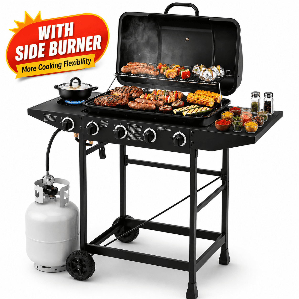 4 Burner Propane Gas Grill with Side Burner, 42000 BTU Stainless Steel BBQ Grill with Cast Iron Grates, 534 Sq In Cooking Area, Outdoor Barbecue Grill with Side Tables for Patio Backyard Cooking Gas Grills