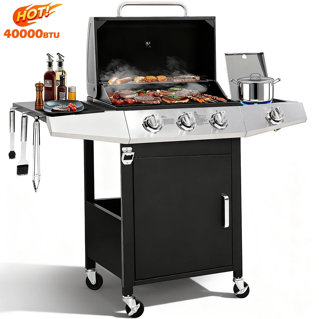 BBQ Grill, Seizeen Gas Grill with Side Burner, 40,000BTU 3-Burner Propane Grill w/Storage Cabinet, Steel Brush, Stainless Steel Camping for Backyard Patio, Portable Design on Wheels Gas Grills