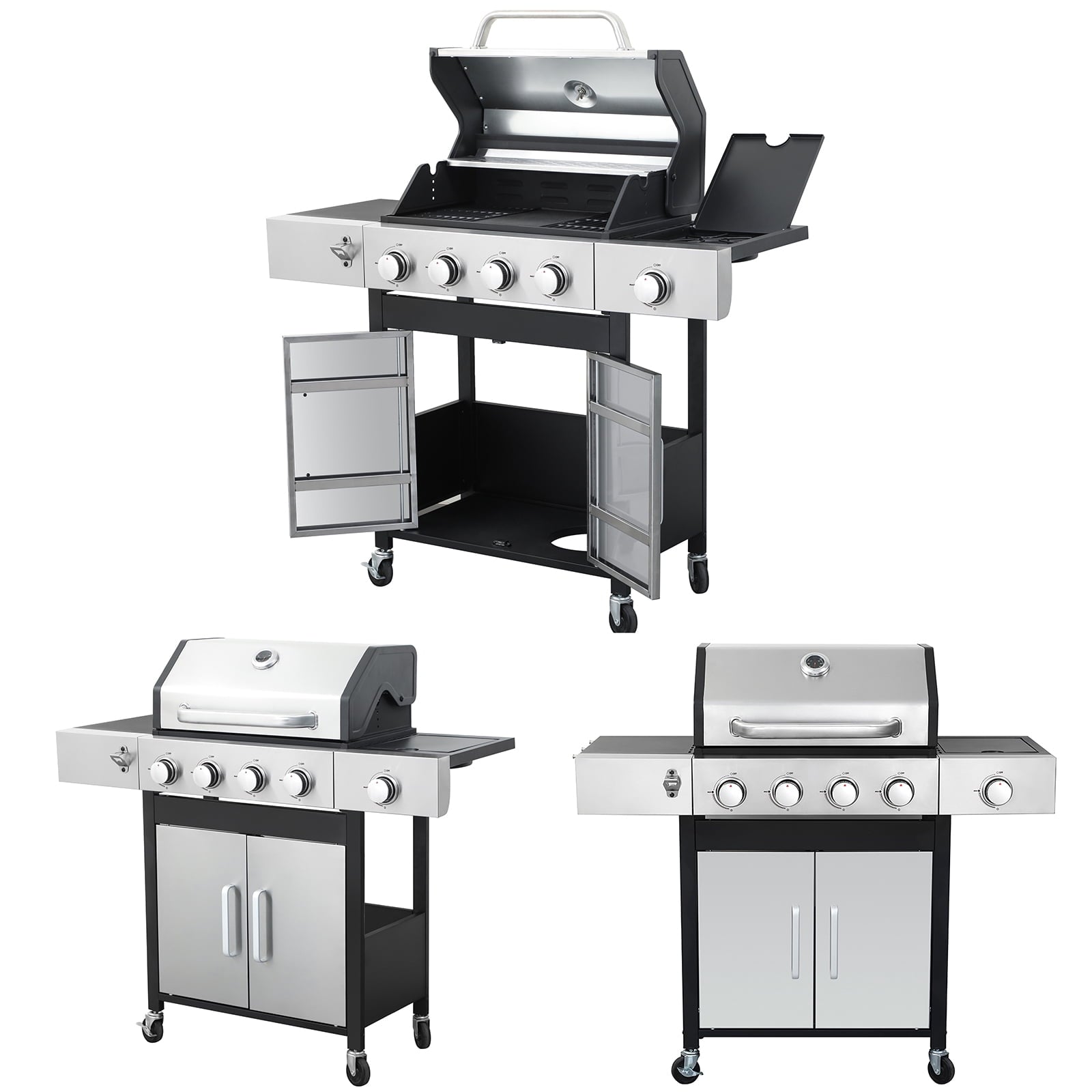 Stainless Steel Portable 4-Burner Propane Gas Grill, 46790BTU Output with bottle opener and 2pcs hooks, Stainless Steel for Outdoor Barbecue HZWDD