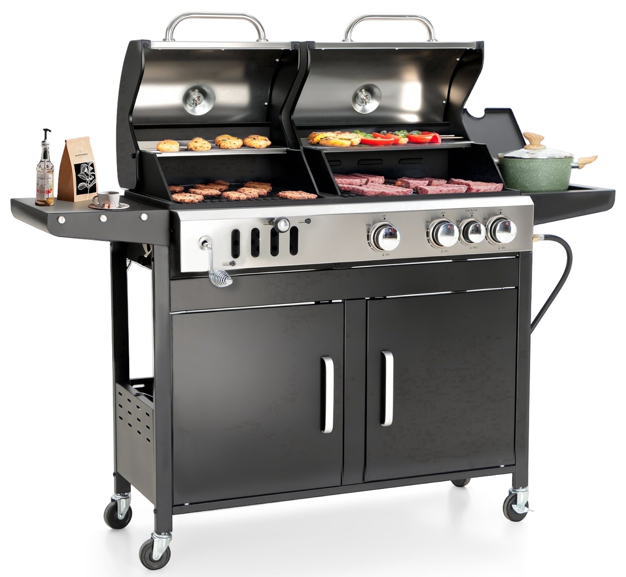 MF Studio Gas and Charcoal Grill Combo Dual Fuel 3-burner 37,000 BUT BBQ Grill with Side Burner MF Studio